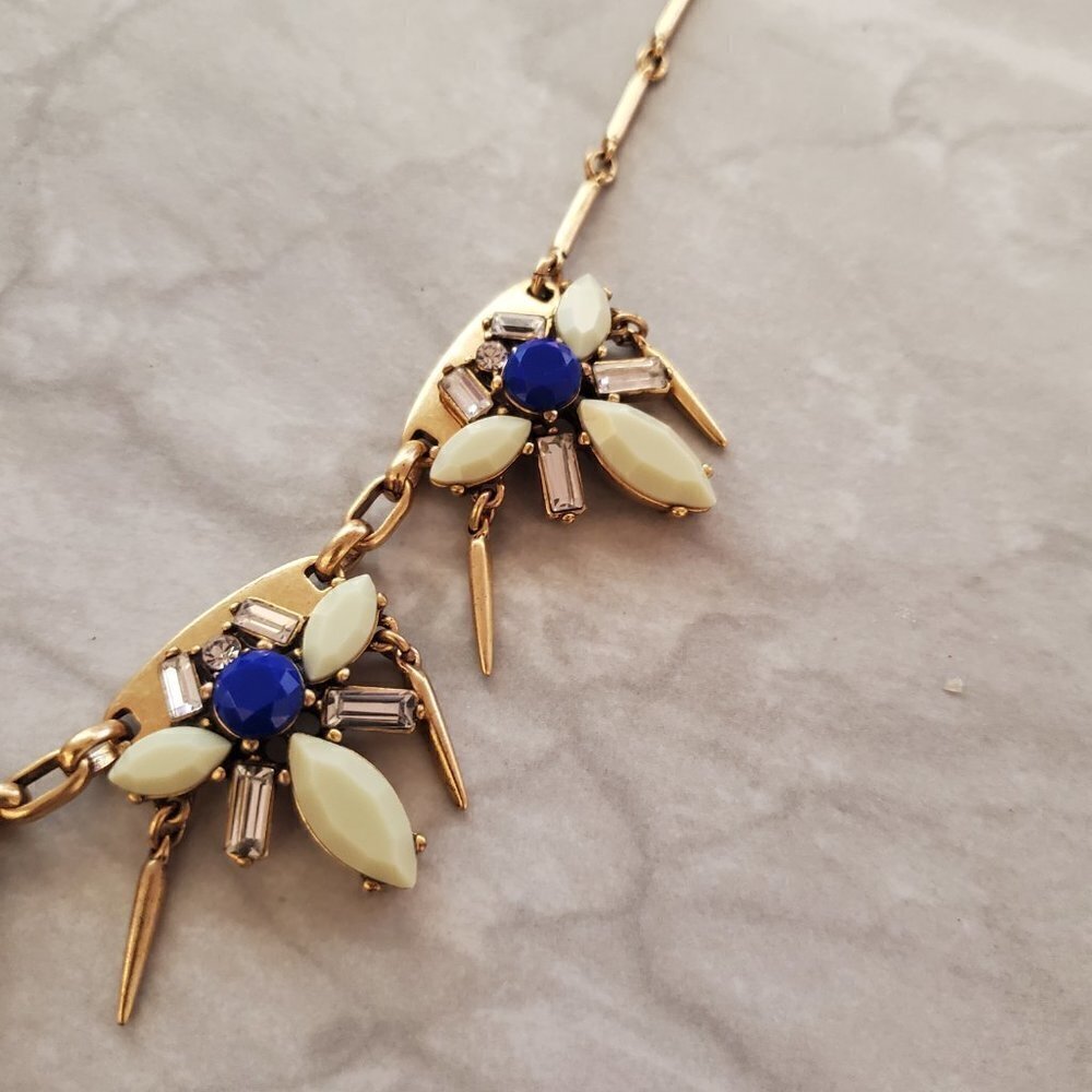💙 J.Crew Blue Rhinesontes Crystals Beaded Fringe Statement Necklace 💙 - Picture 5 of 15